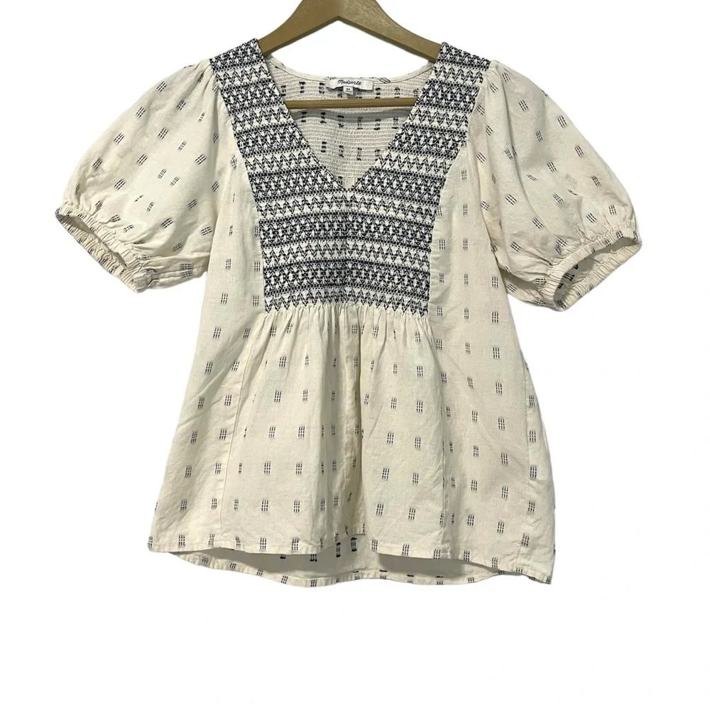 Madewell White Blue Embroidered Clipdot Puff Sleeve Yoke Top Size XS